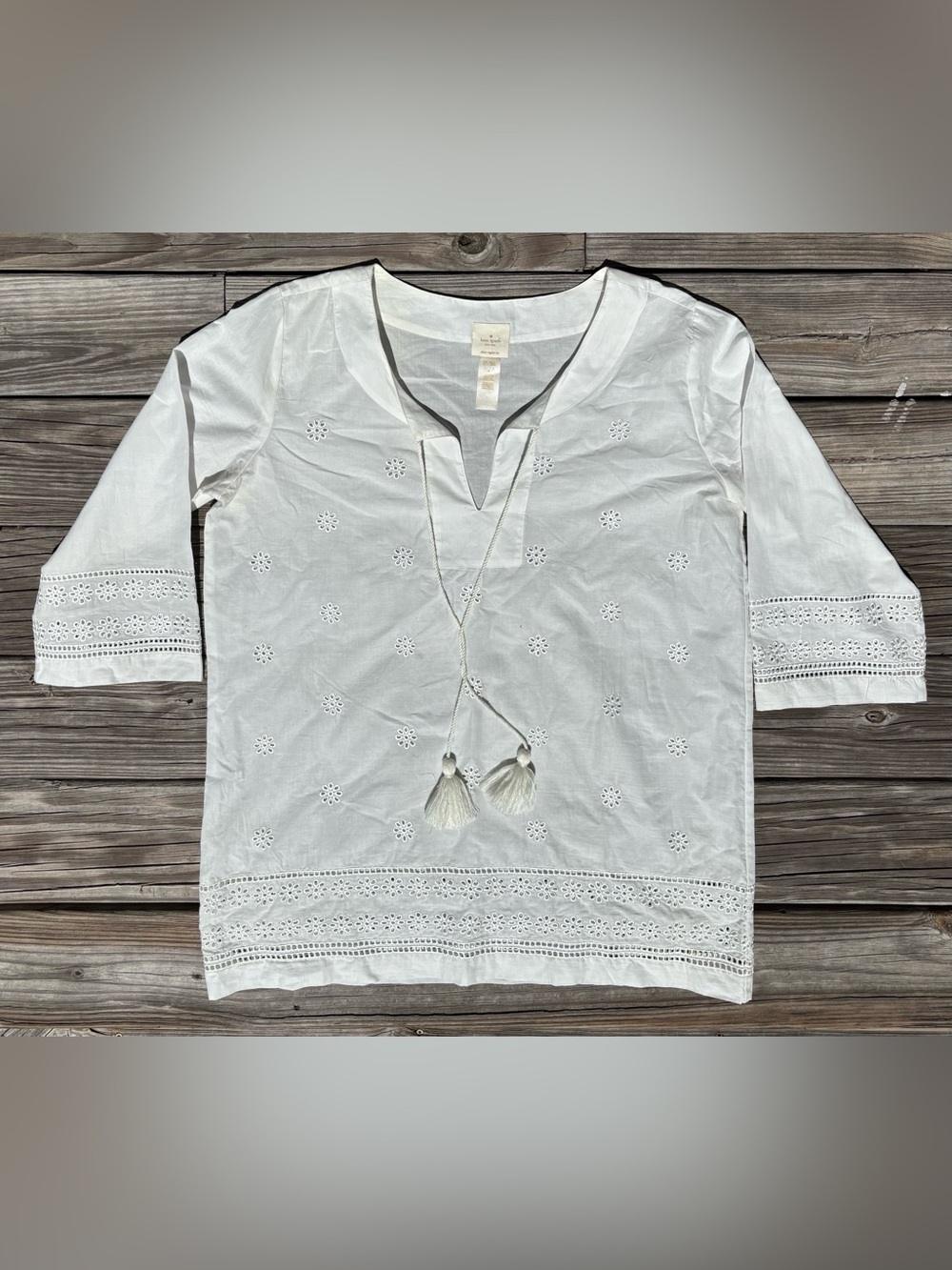 Kate Spade Floral Eyelet Cutout Tassel Blouse Tunic White Large 100% Cotton Boho